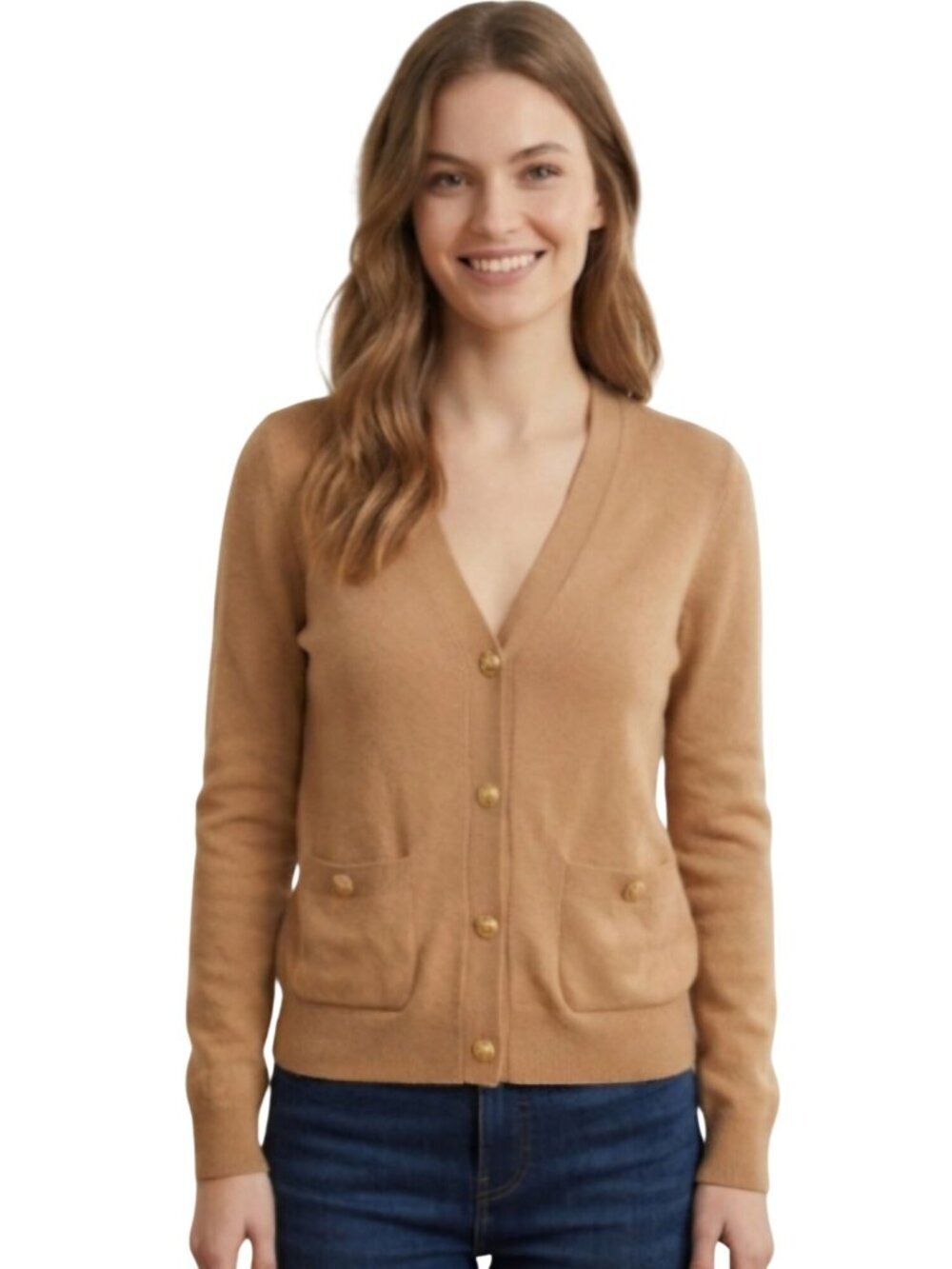 Loft Tan Lady Jacket Cardigan Sweater Gold Buttons Pockets 2024 Size L